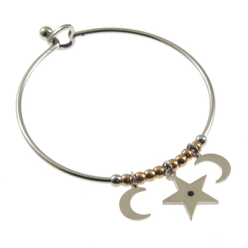 bracciale donna rigido con lune e stelle in acciaio