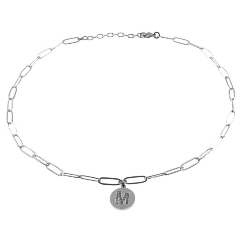 collana con lettere m iniziale in acciaio e strass