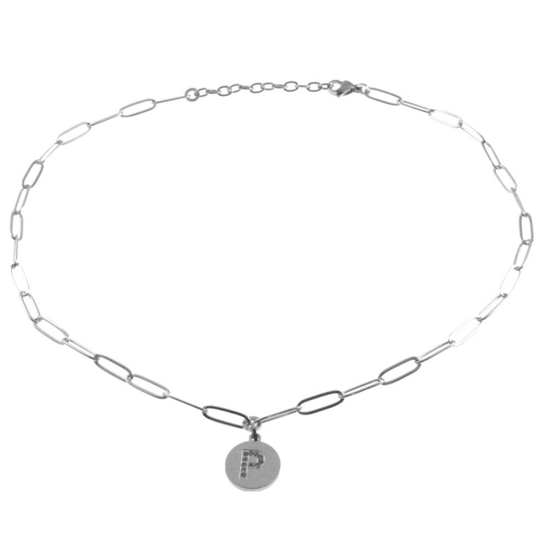 collana con lettere p iniziale in acciaio e strass