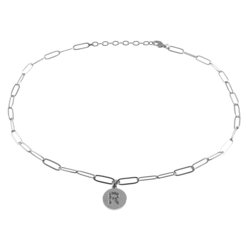 collana con lettere r iniziale in acciaio e strass
