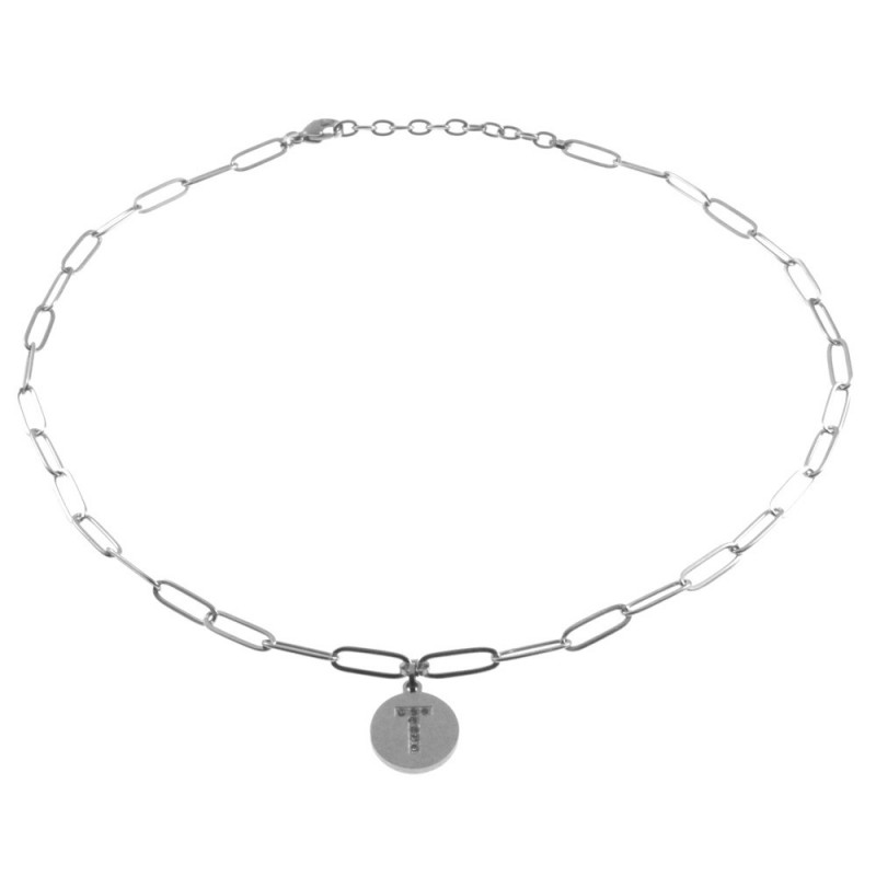 collana con lettere t iniziale in acciaio e strass