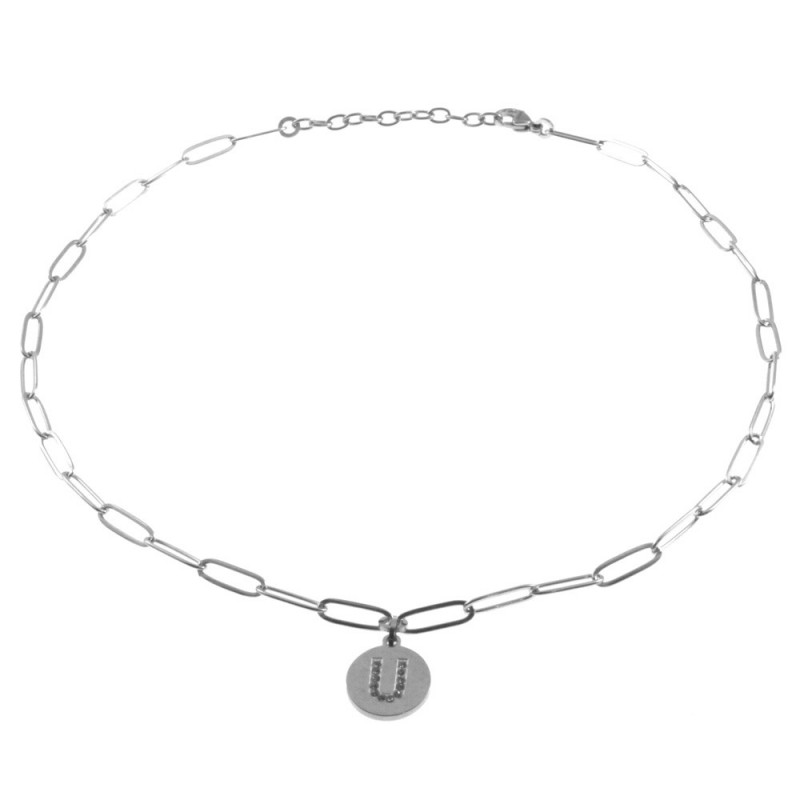 collana con lettere u iniziale in acciaio e strass