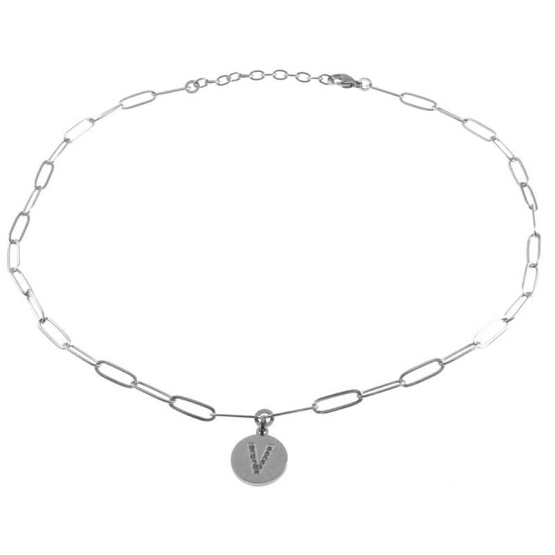 collana con lettere v iniziale in acciaio e strass