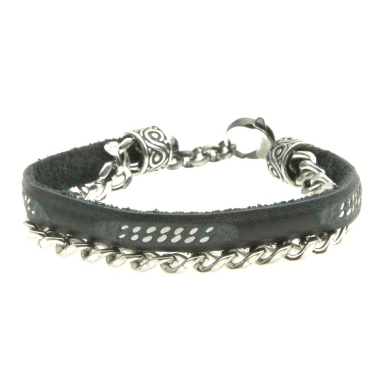 bracciale pelle blu e catena acciaio uomo
