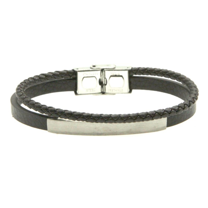 bracciale pelle uomo marrone piastra acciaio