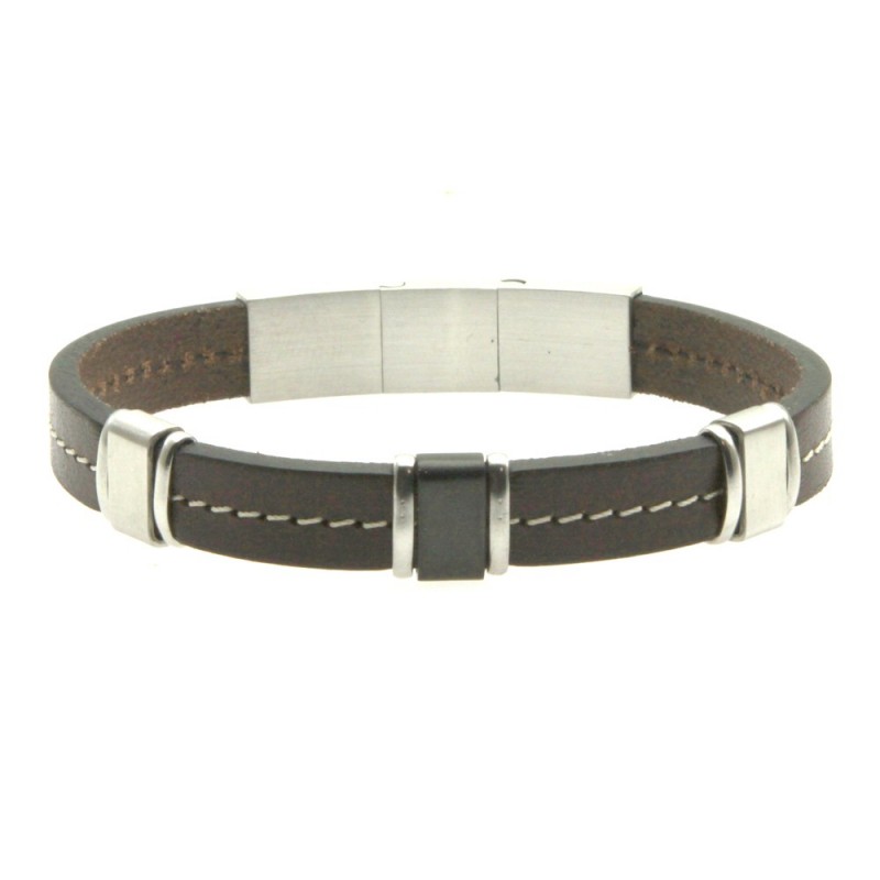 bracciale pelle marrone uomo e acciaio