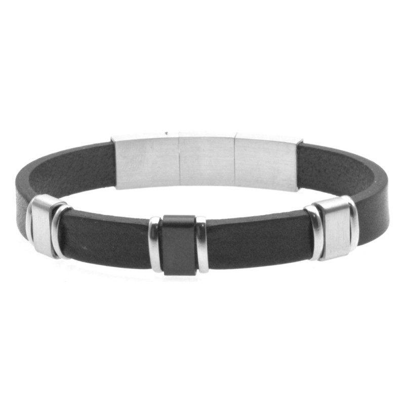 bracciale pelle nera uomo e acciaio