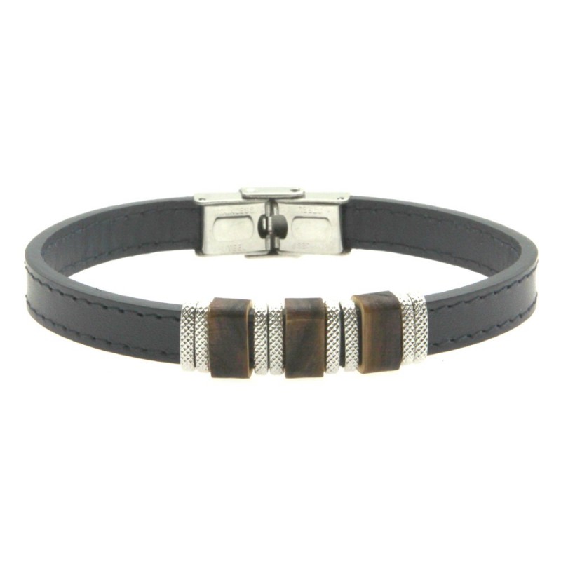 bracciale pelle blu uomo e acciaio