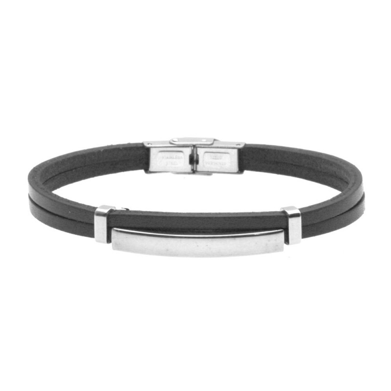 bracciale pelle nera uomo piastra acciaio