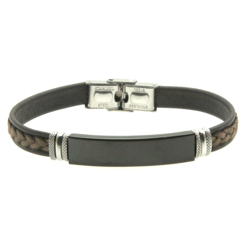 bracciale pelle marrone uomo piastra acciaio