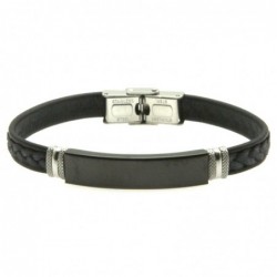 bracciale pelle nera uomo piastra acciaio