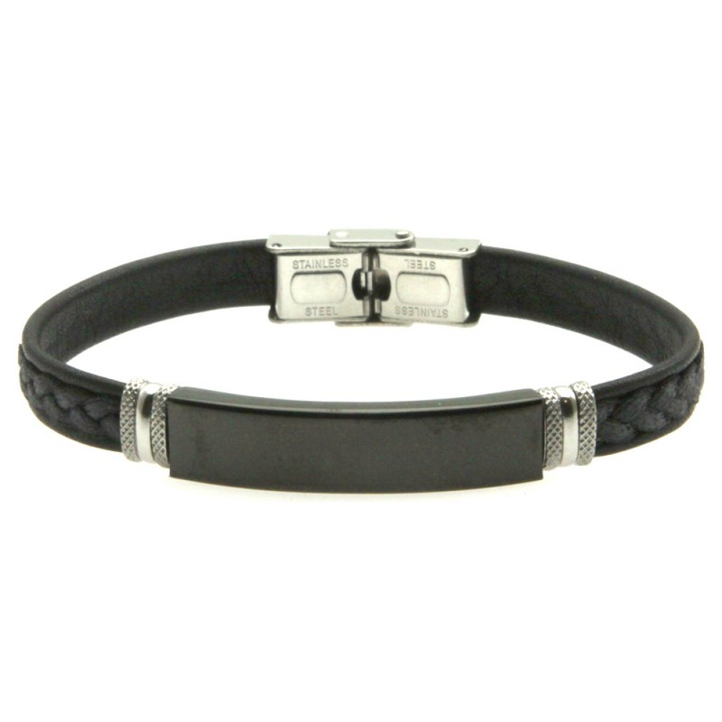 bracciale pelle nera uomo piastra acciaio