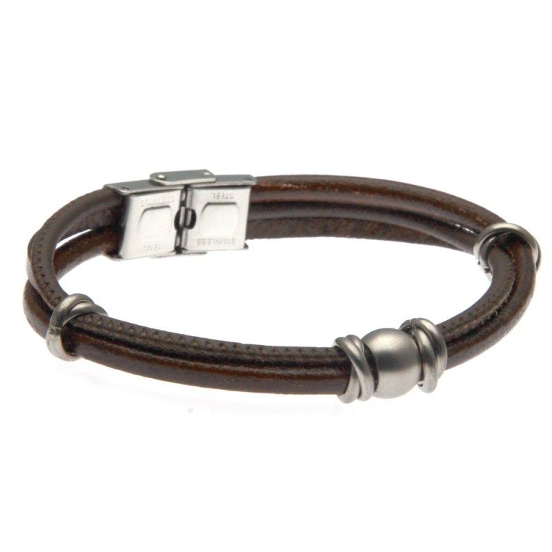 bracciale uomo in pelle elementi in acciaio satinati