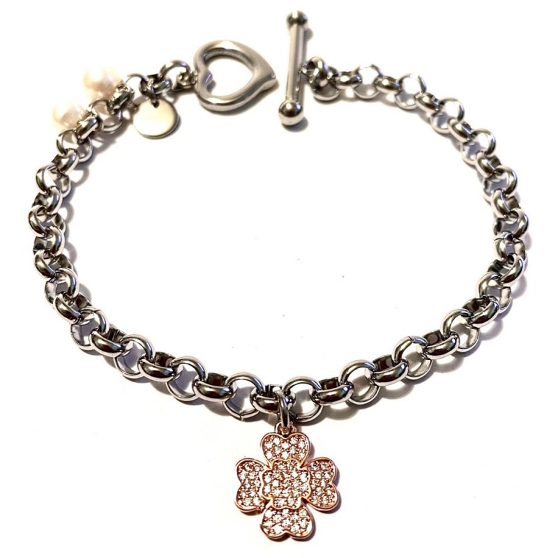 bracciale donna acciaio con quadrifoglio ramato