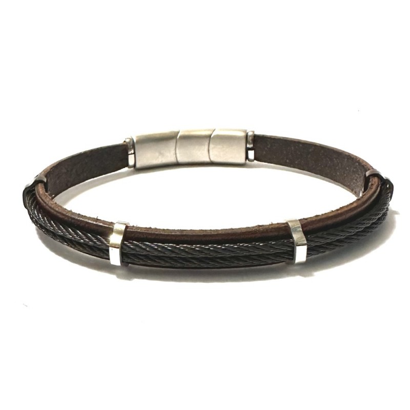 bracciale pelle uomo cavetto acciaio