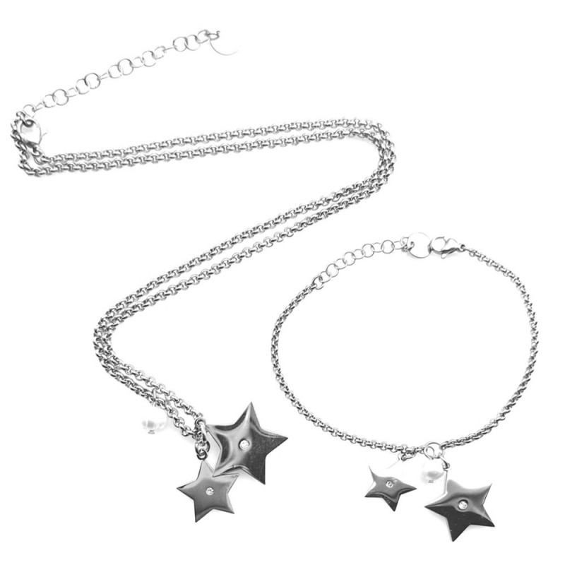 parure donna collana e bracciale acciaio e perla