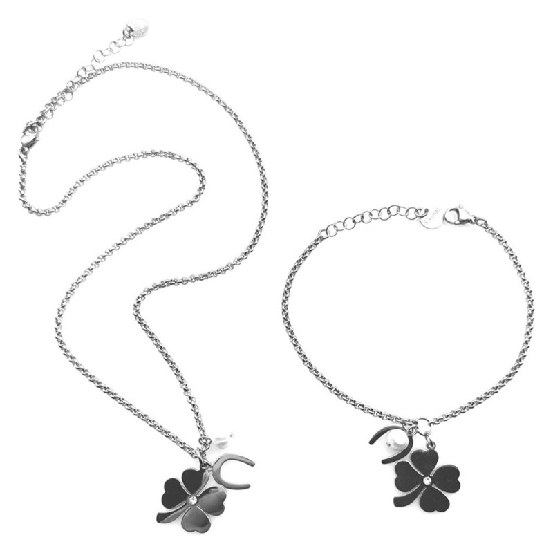 parure donna collana e bracciale acciaio e perla