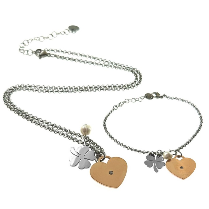 parure donna collana e bracciale acciaio e perla