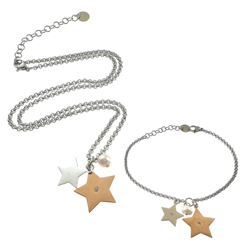 parure donna collana e bracciale acciaio e perla