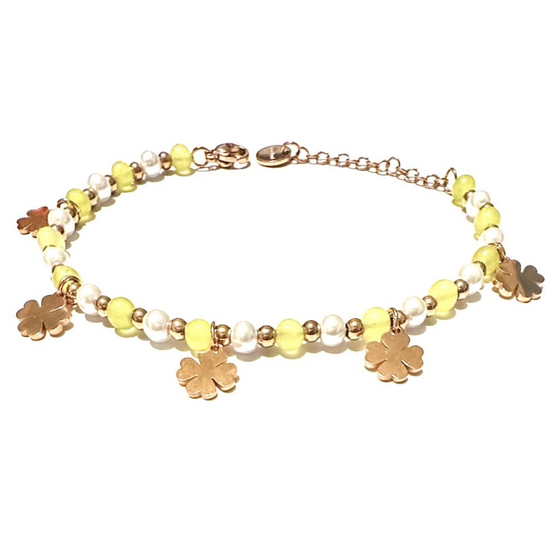 bracciale quadrifogli donna pietre acciaio ramato