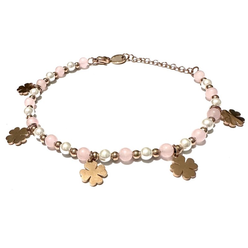 bracciale quadrifogli donna pietre acciaio ramato