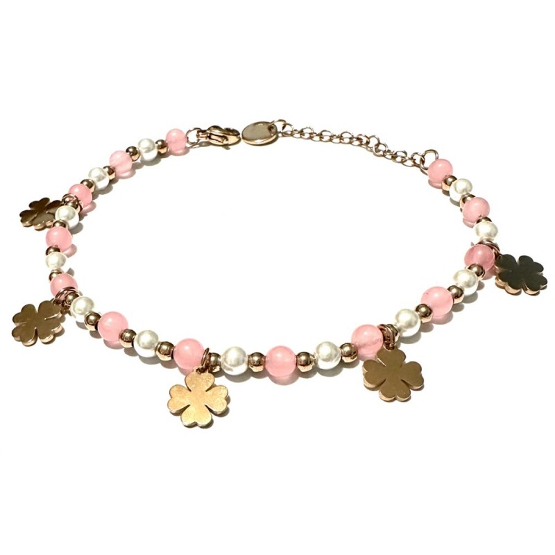 bracciale quadrifogli donna pietre acciaio ramato