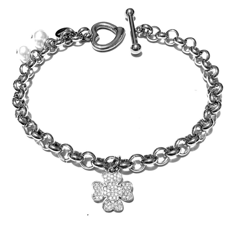 bracciale quadrifoglio donna acciaio strass e perle