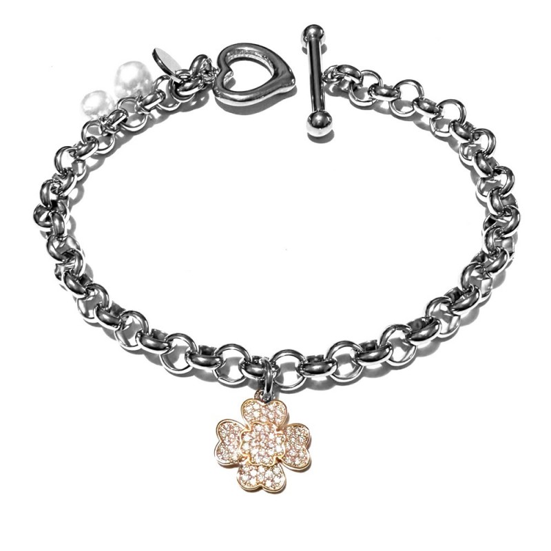 bracciale quadrifoglio donna acciaio strass e perle