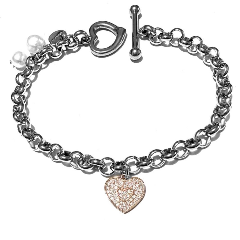 bracciale cuore donna acciaio strass e perle