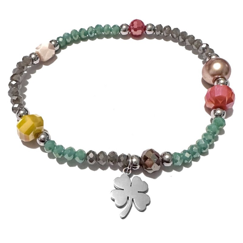bracciale quadrifoglio acciaio donna pietre sfaccettate elastico