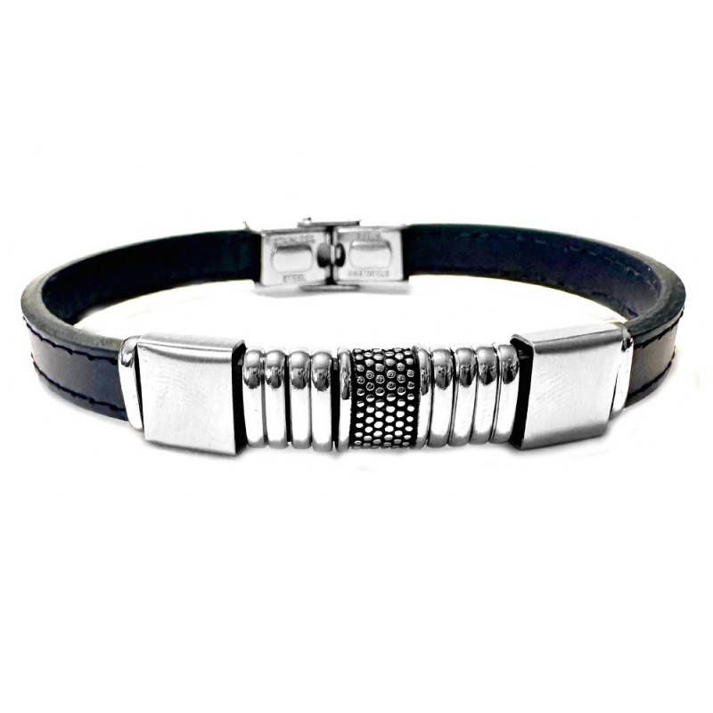 bracciale pelle blu e acciaio uomo