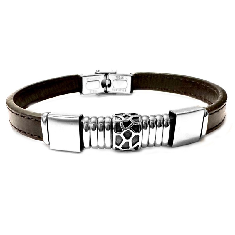 bracciale pelle marrone e acciaio uomo