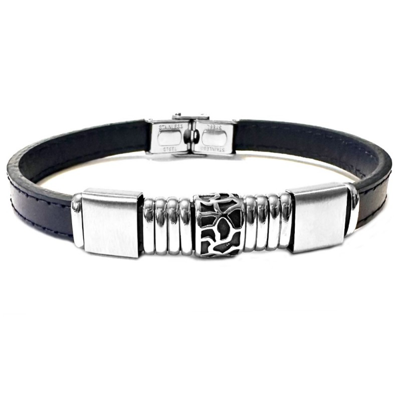 bracciale pelle blu e acciaio uomo
