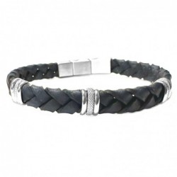 bracciale in pelle blu intrecciata uomo ed elementi acciaio