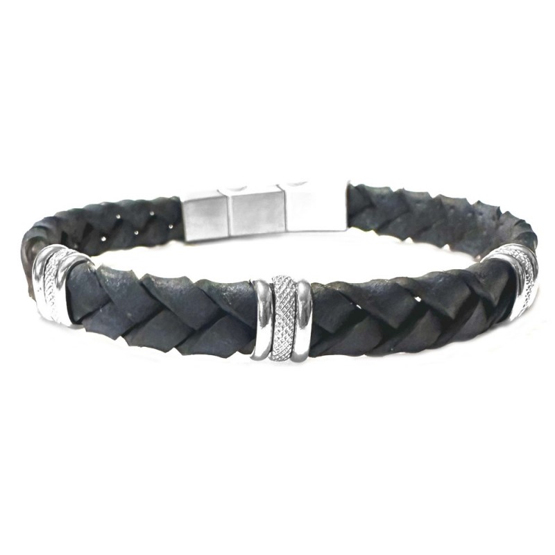 bracciale in pelle blu intrecciata uomo ed elementi acciaio