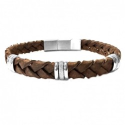 bracciale in pelle marrone intrecciata uomo ed elementi acciaio