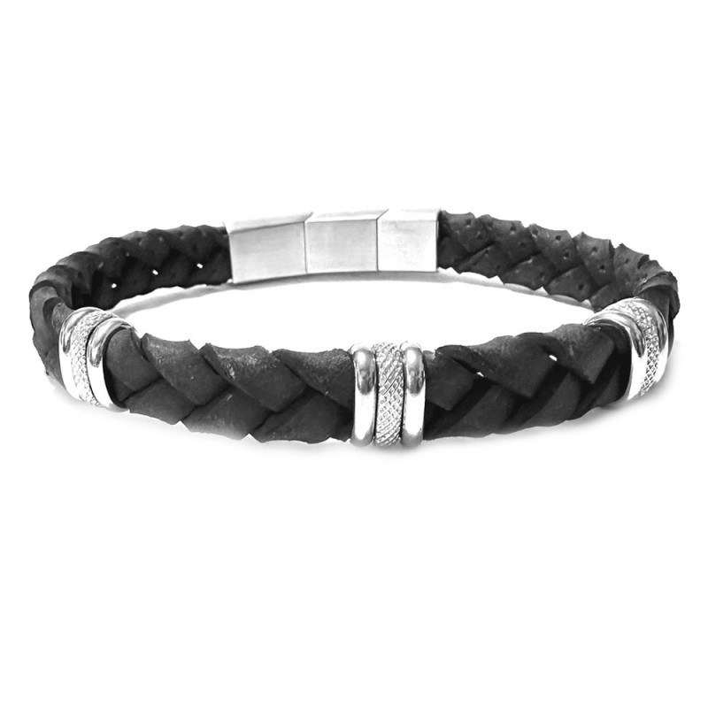 bracciale in pelle nera intrecciata uomo ed elementi acciaio