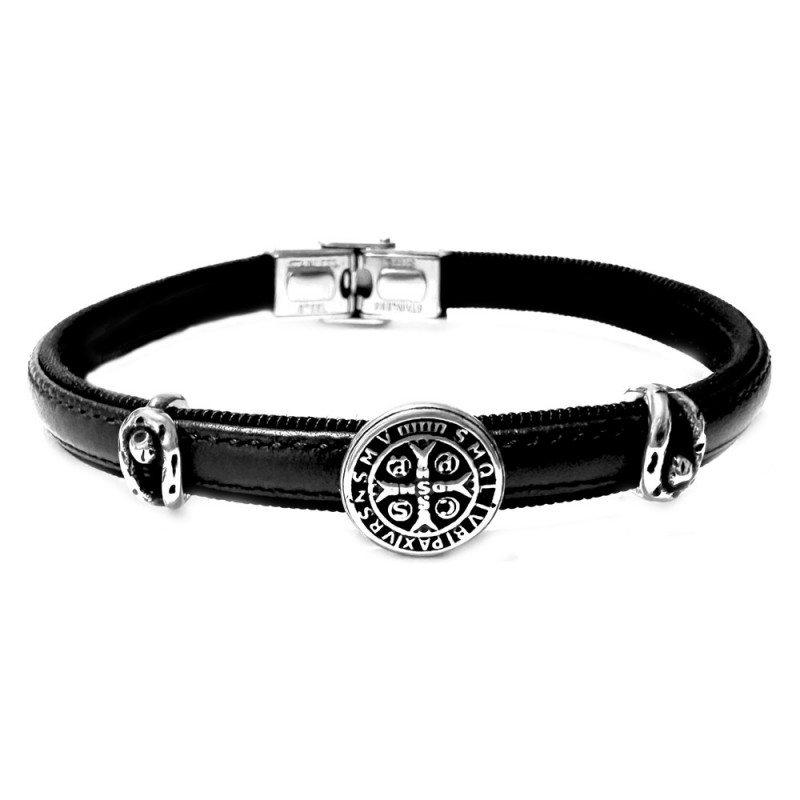 bracciale in pelle con elemento croce al centro