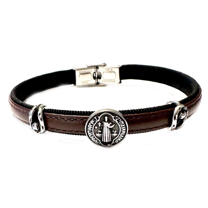 bracciale in pelle con elemento santo al centro