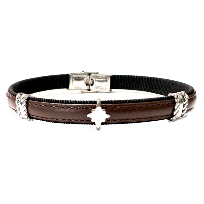 bracciale con rosa dei venti uomo pelle marrone e acciaio