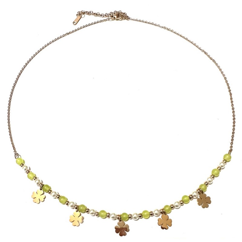 collana quadrifogli donna acciaio ramato e pietre