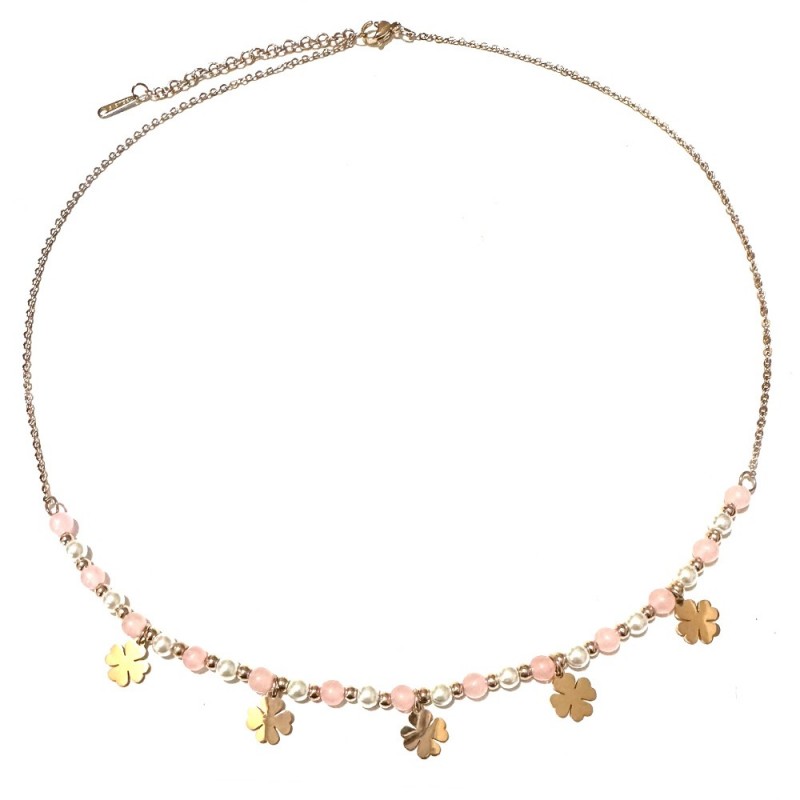 collana quadrifogli donna acciaio ramato e pietre
