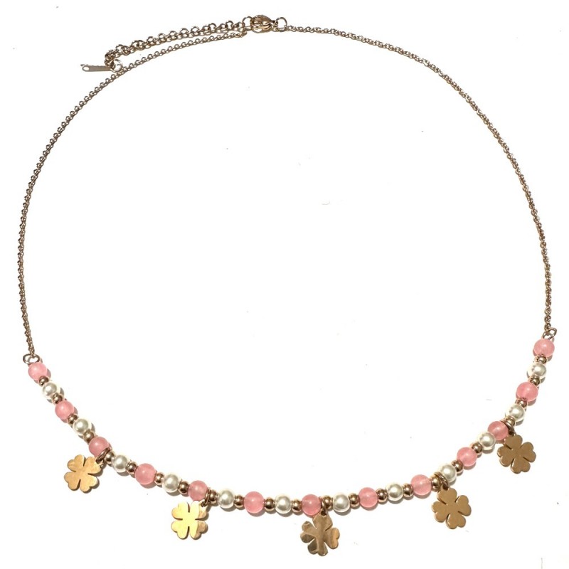 collana quadrifogli donna acciaio ramato e pietre
