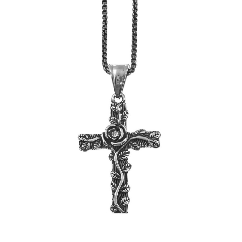 collana croce in acciaio con elemento rosa e strass
