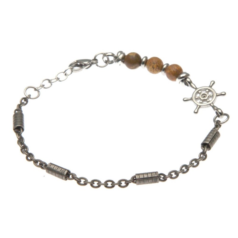 bracciale uomo timone in acciaio invecchiato e pietre