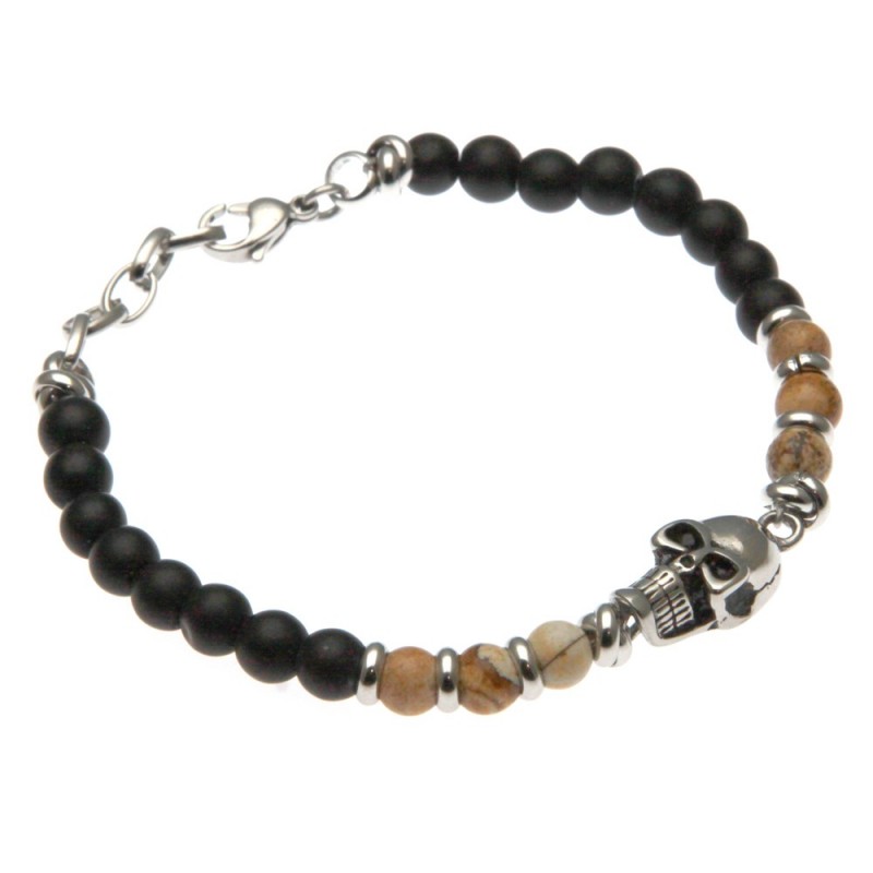 bracciale uomo con teschio in acciaio e pietre
