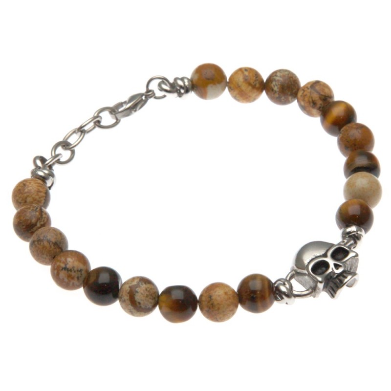 bracciale uomo con teschio in acciaio e pietre