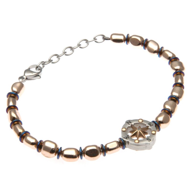 bracciale uomo con rosa dei venti e pepite in acciaio