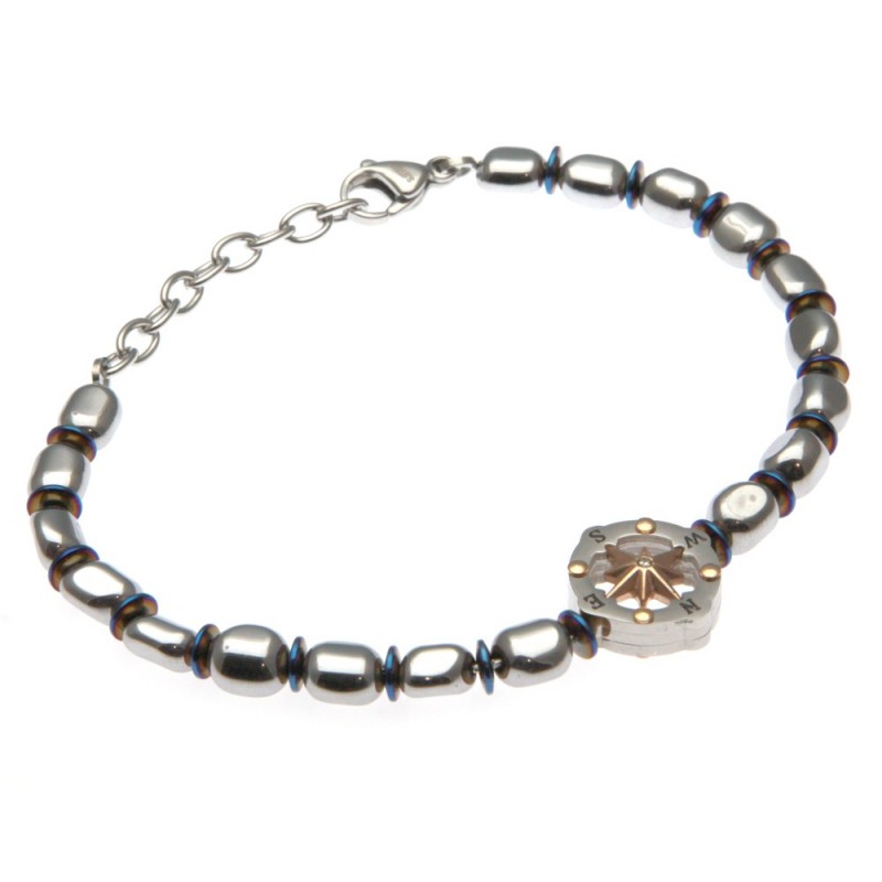 bracciale uomo con rosa dei venti e pepite in acciaio