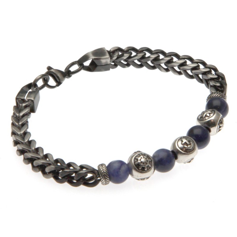 bracciale uomo simboli marinari pietre e acciaio brunito
